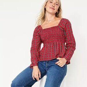 OLD NAVY Women's Red Plaid Long Sleeve Smocked Fit & Flare Top L NEW
